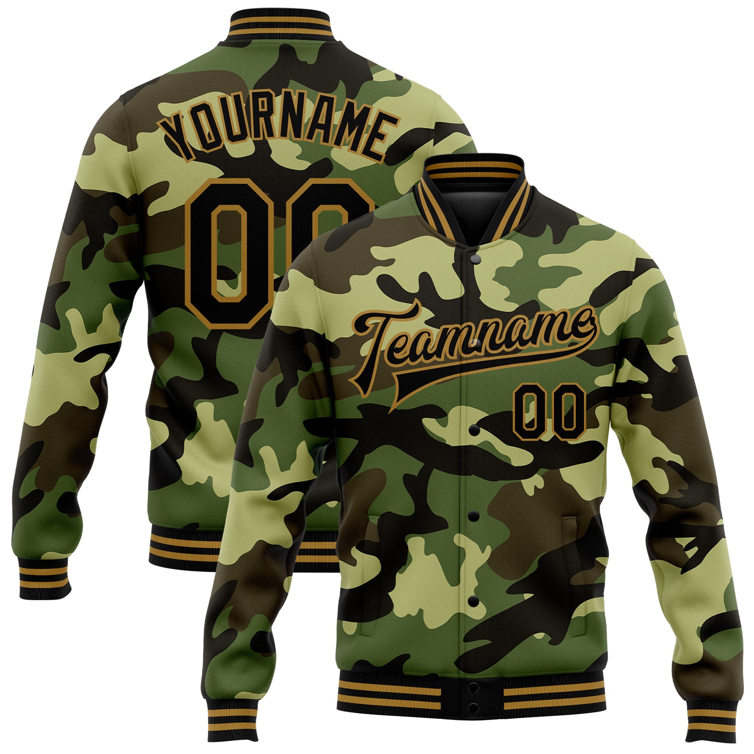 Custom Camo Jacket with Name & Number - Black Gold Jungle 3D Bomber Varsity Letterman Salute to Service Personalized Camo