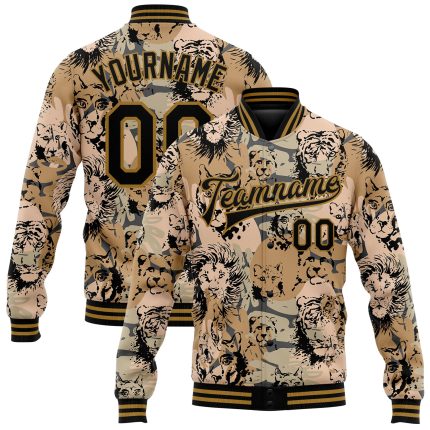 Personalized 3D Camo Lion Tiger Bomber Jacket Varsity Letterman Salute to Service Black Old Gold Personalized Camo Black-Old