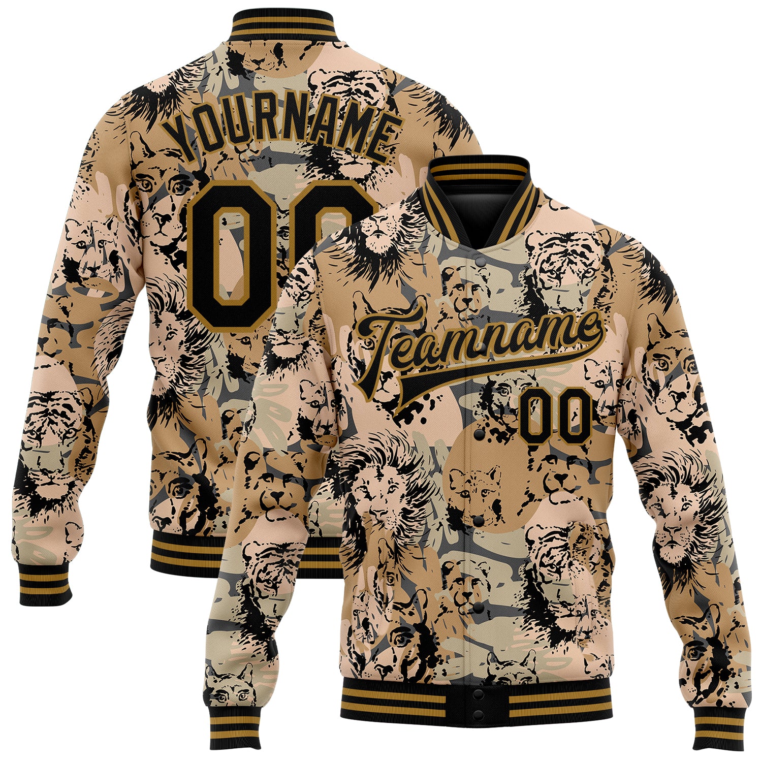 Custom Name and Number Lion Tiger Camo Jacket - Full-Snap Varsity Letterman Salute to Service Bomber 3D Pattern Design Personalized