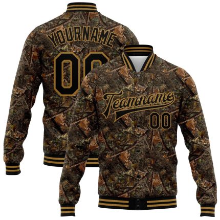 Personalized Black-Old Gold Camo 3D Bomber Jacket Varsity Letterman Salute To Service Personalized Camo Black-Old Gold Realistic