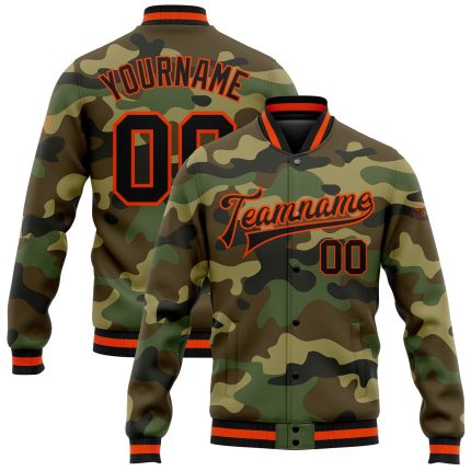 Custom Camo Black-Orange Bomber Jacket for Men, Full-Snap Varsity Letterman Style, Salute to Service Personalized Camo Black-Orange