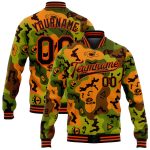 Custom Name & Number Camo Bomber Jacket Black-Orange 3D Funny Faces Design Varsity Letterman Salute to Service Personalized