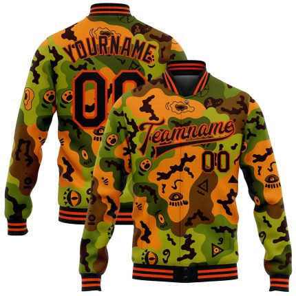 Custom Name & Number Camo Bomber Jacket Black-Orange 3D Funny Faces Design Varsity Letterman Salute to Service Personalized