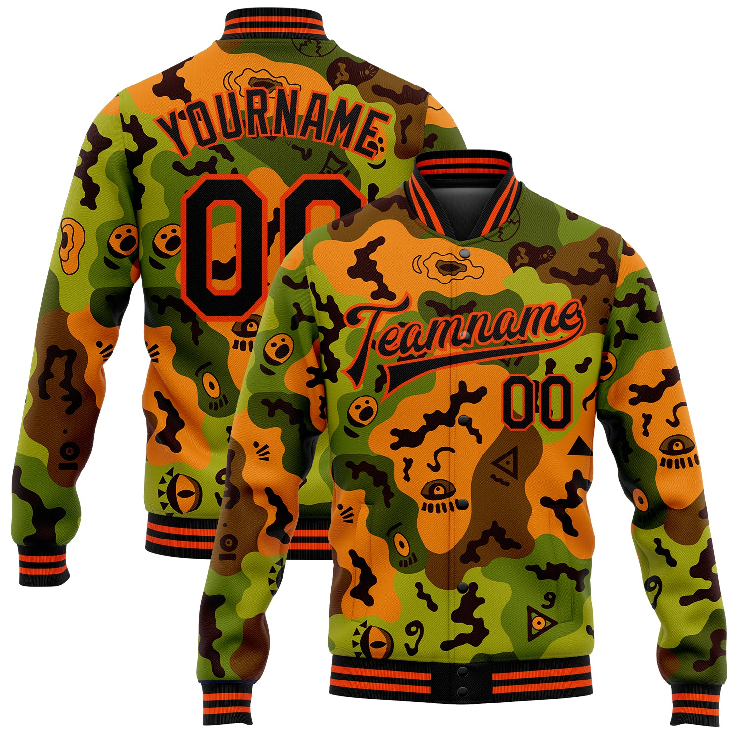 Custom Name & Number Camo Bomber Jacket Black-Orange 3D Funny Faces Design Varsity Letterman Salute to Service Personalized