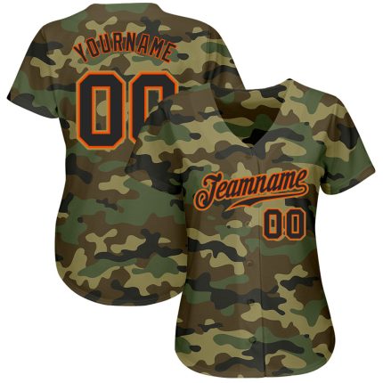 Personalized Black-Orange Camo Salute to Service Baseball Jersey, Custom Sport Apparel Personalized Camo Black-Orange Salute