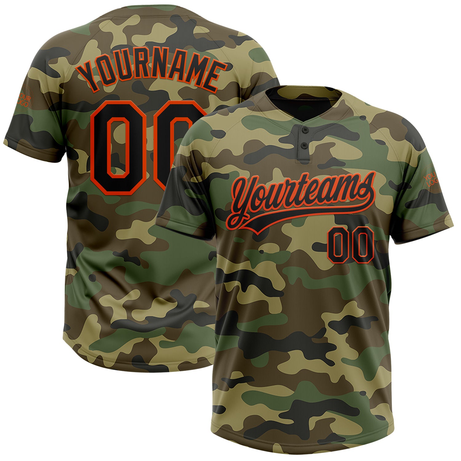 Personalized Camo Softball Jersey with Custom Name and Number - Black-Orange Salute to Service Unisex Two-Button Design Personalized