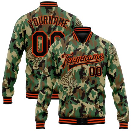 Custom Camo Black-Orange Tiger 3D Bomber Jacket with Name & Number - Varsity Letterman Salute To Service Design Personalized