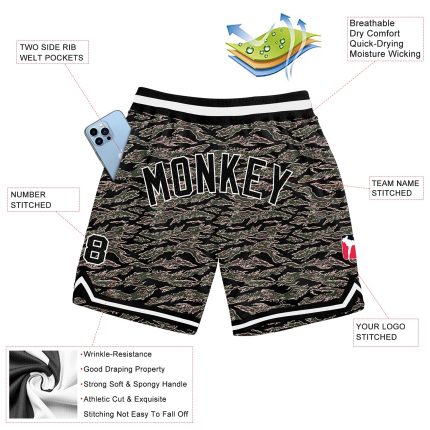 Custom Name and Number Black-White Camo Basketball Shorts - Personalized Authentic Salute to Service Personalized Camo Black-White