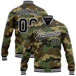 Custom Camouflage Bomber Jacket Black White Full-Snap Varsity Letterman Salute to Service Personalized Camo Black-White Bomber