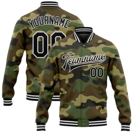 Custom Camouflage Bomber Jacket Black White Full-Snap Varsity Letterman Salute to Service Personalized Camo Black-White Bomber