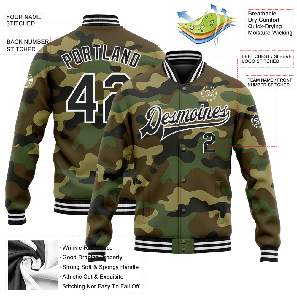 Custom Camouflage Bomber Jacket Black White Full-Snap Varsity Letterman Salute to Service Personalized Camo Black-White Bomber - Image 5