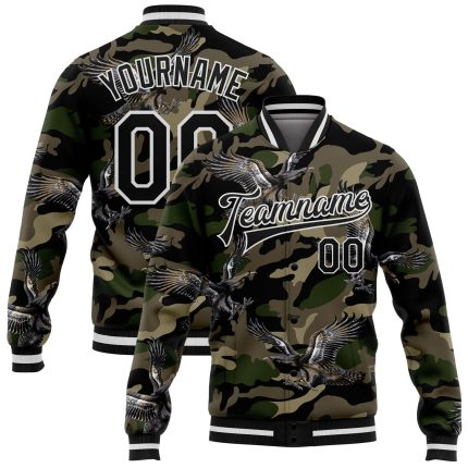 Camo Black-White Eagle 3D Bomber Jacket Personalized Varsity Letterman Salute To Service Full-Snap Personalized Camo Black-White