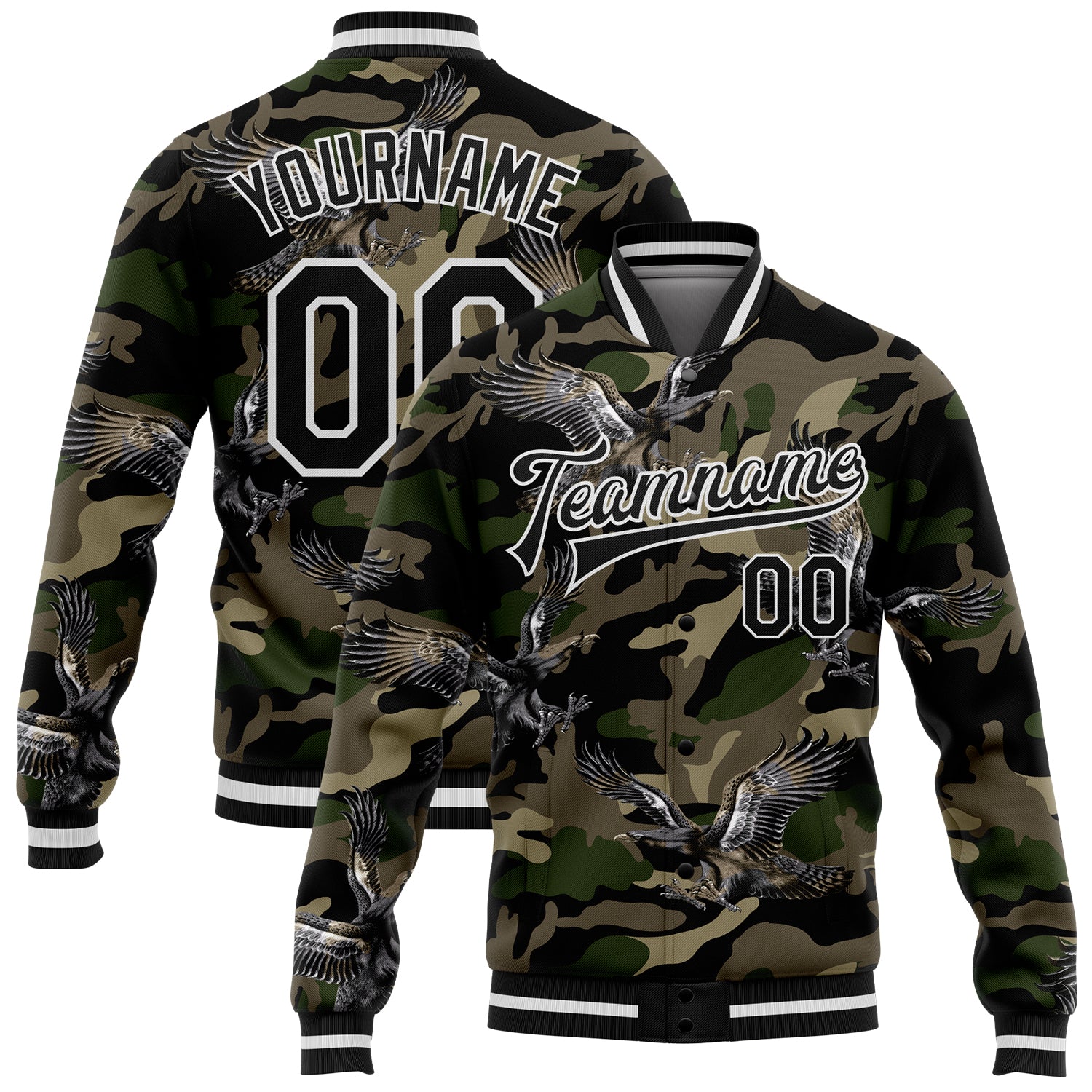 Custom Name Number Eagle Camo Bomber Jacket Black White 3D Pattern Varsity Letterman Salute to Service Personalized Camo