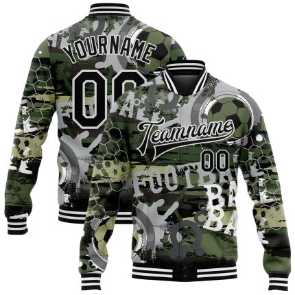 Custom Camo Varsity Letterman Jacket with 3D Pattern, Bomber Style, Full-Snap Design, Personalize with Name & Number Personalized