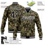 Camo Black-White 3D Geometric Camouflage Varsity Letterman Bomber Jacket, Personalized Salute to Service Personalized Camo