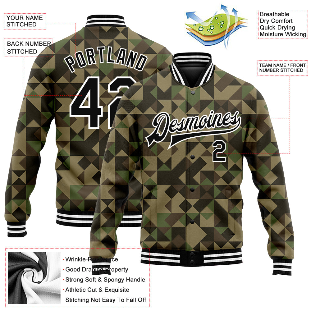 Camo Black-White 3D Geometric Camouflage Varsity Letterman Bomber Jacket, Personalized Salute to Service Personalized Camo - Image 5