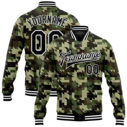 Personalized Black and White Camo Geometric 3D Bomber Jacket - Full-Snap Varsity Letterman Salute To Service Personalized