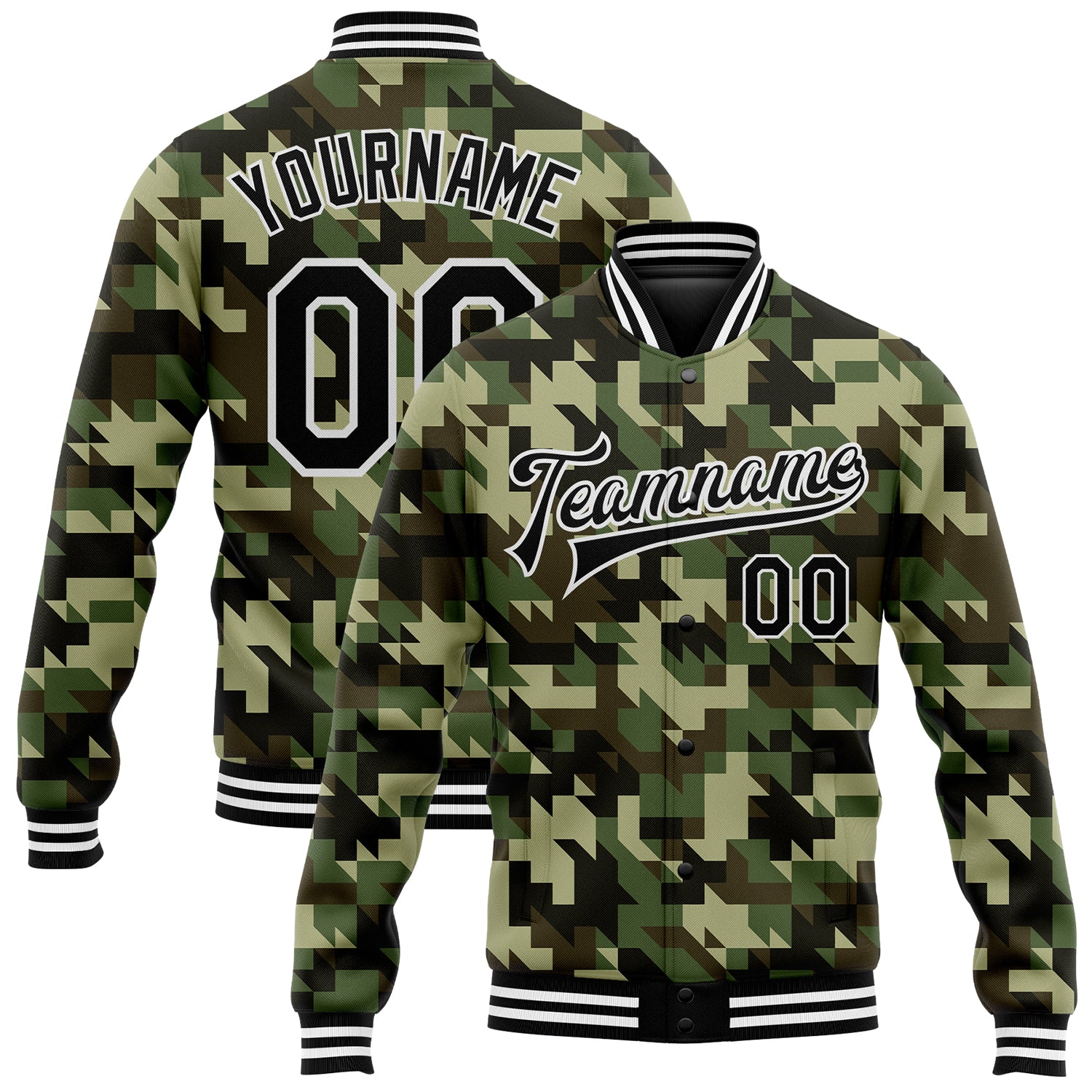 Personalized Black and White Camo Geometric 3D Bomber Jacket - Full-Snap Varsity Letterman Salute To Service Personalized