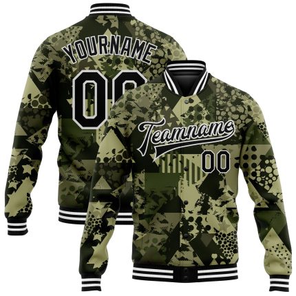 Personalized Black White Camo Geometric 3D Bomber Jacket Varsity Letterman Salute To Service Personalized Camo Black-White