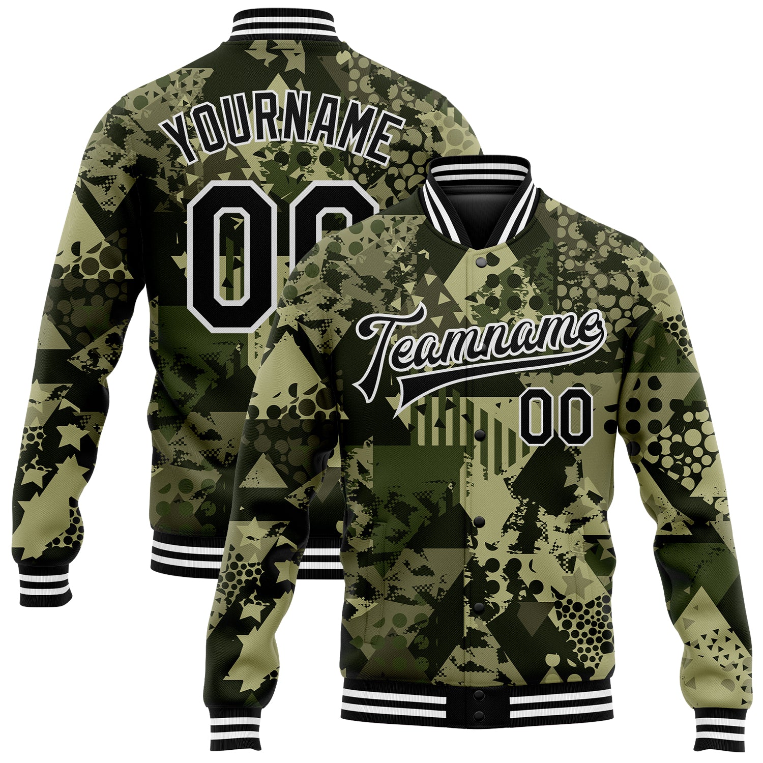 Personalized Black White Camo Geometric 3D Bomber Jacket Varsity Letterman Salute To Service Personalized Camo Black-White