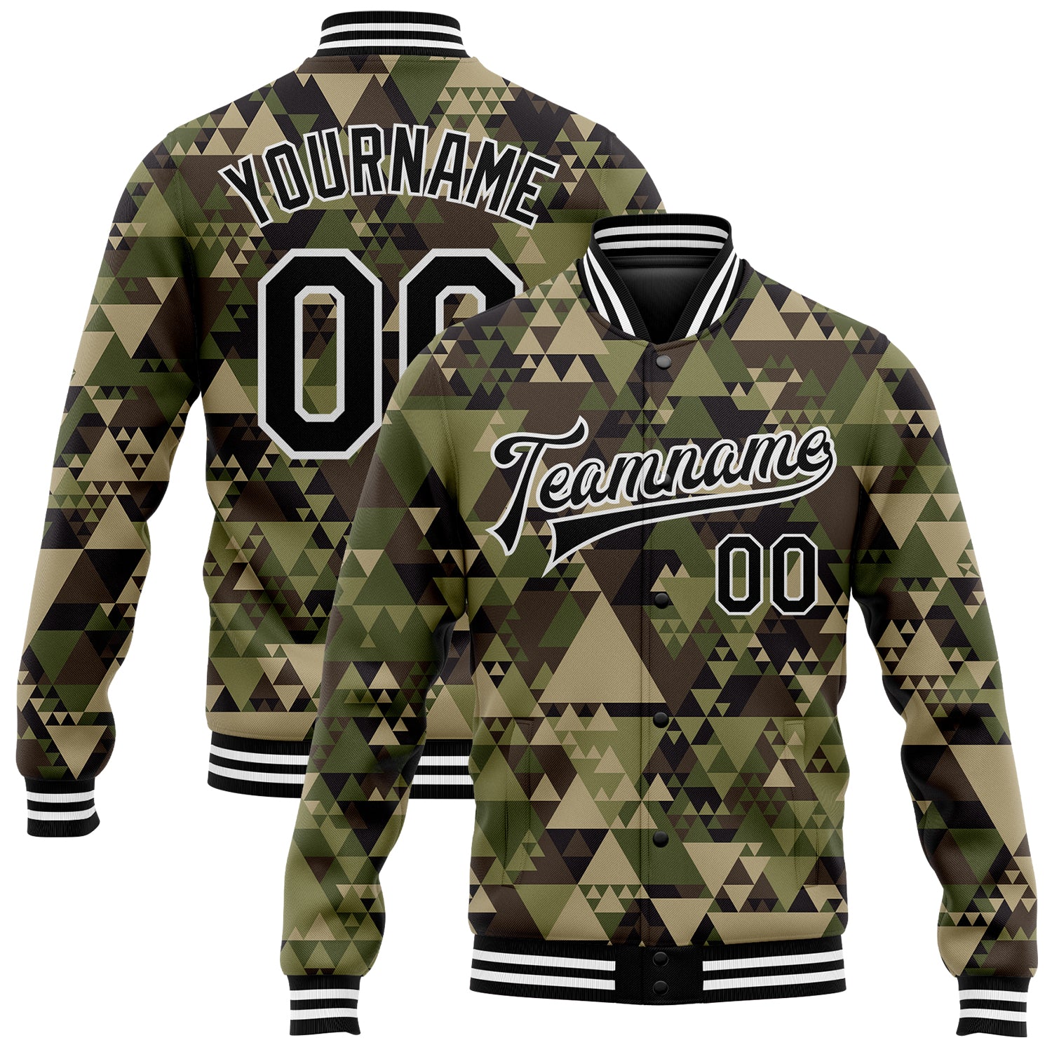 Personalized Camo Jacket Black-White Geometric 3D Varsity Letterman Salute to Service Bomber Full-Snap 4 Personalized Camo