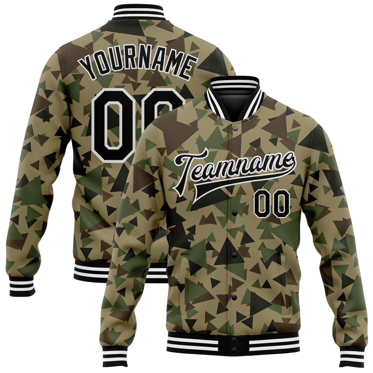 Personalized Black and White Geometric Camo 3D Varsity Letterman Jacket - Full-Snap Bomber Salute To Service Personalized
