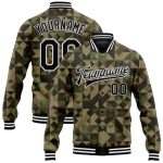 Camo Black-White 3D Geometric Camouflage Varsity Letterman Bomber Jacket, Personalized Salute to Service Personalized Camo