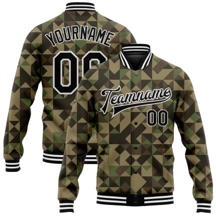 Custom Camo 3D Bomber Jacket with Personalized Name & Number - Black-White Varsity Letterman Style Personalized Camo Black-White