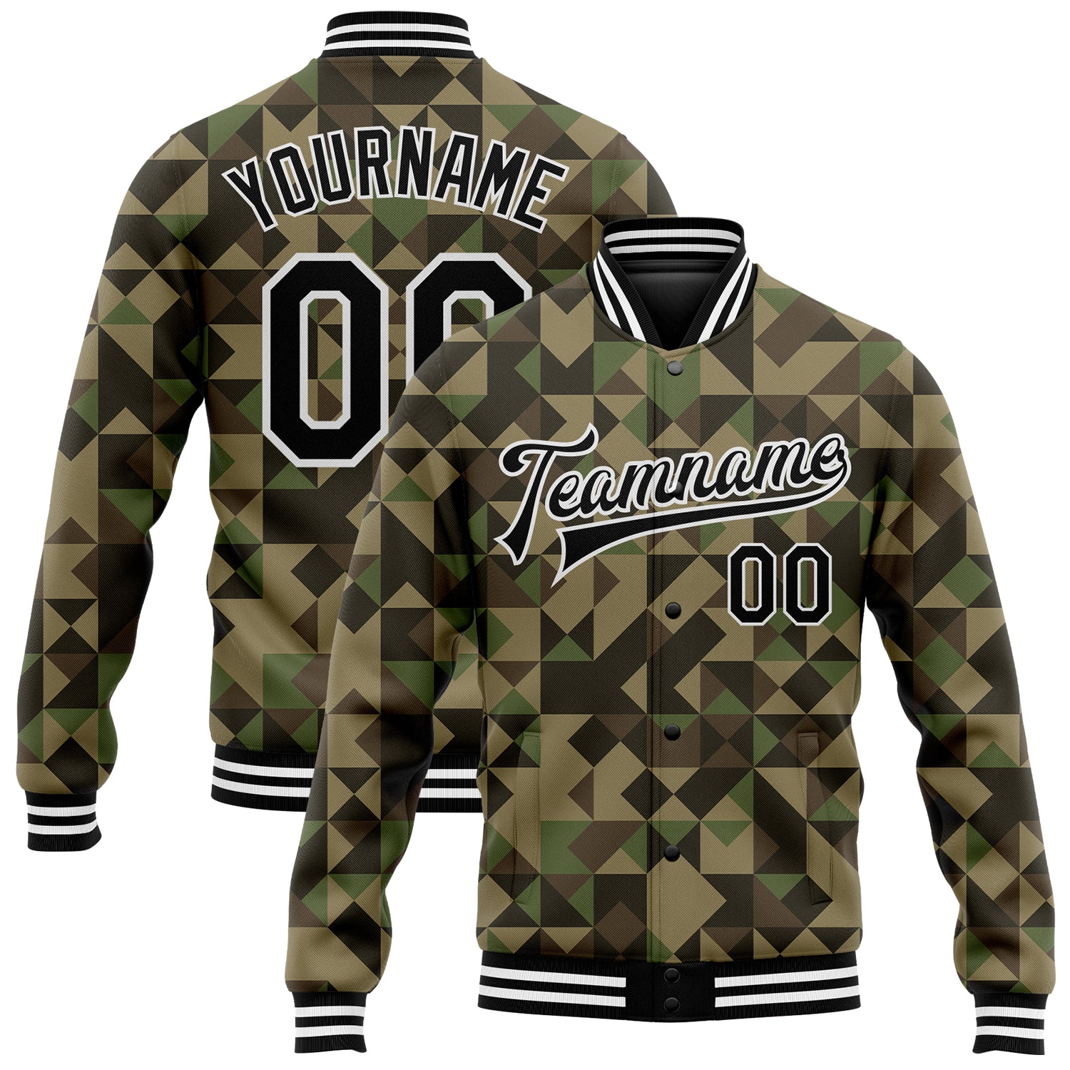 Custom Camo 3D Bomber Jacket with Personalized Name & Number - Black-White Varsity Letterman Style Personalized Camo Black-White