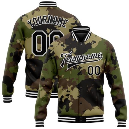 Personalized Black-White Camo 3D Bomber Varsity Jacket Salute to Service Full-Snap Letterman Personalized Camo Black-White