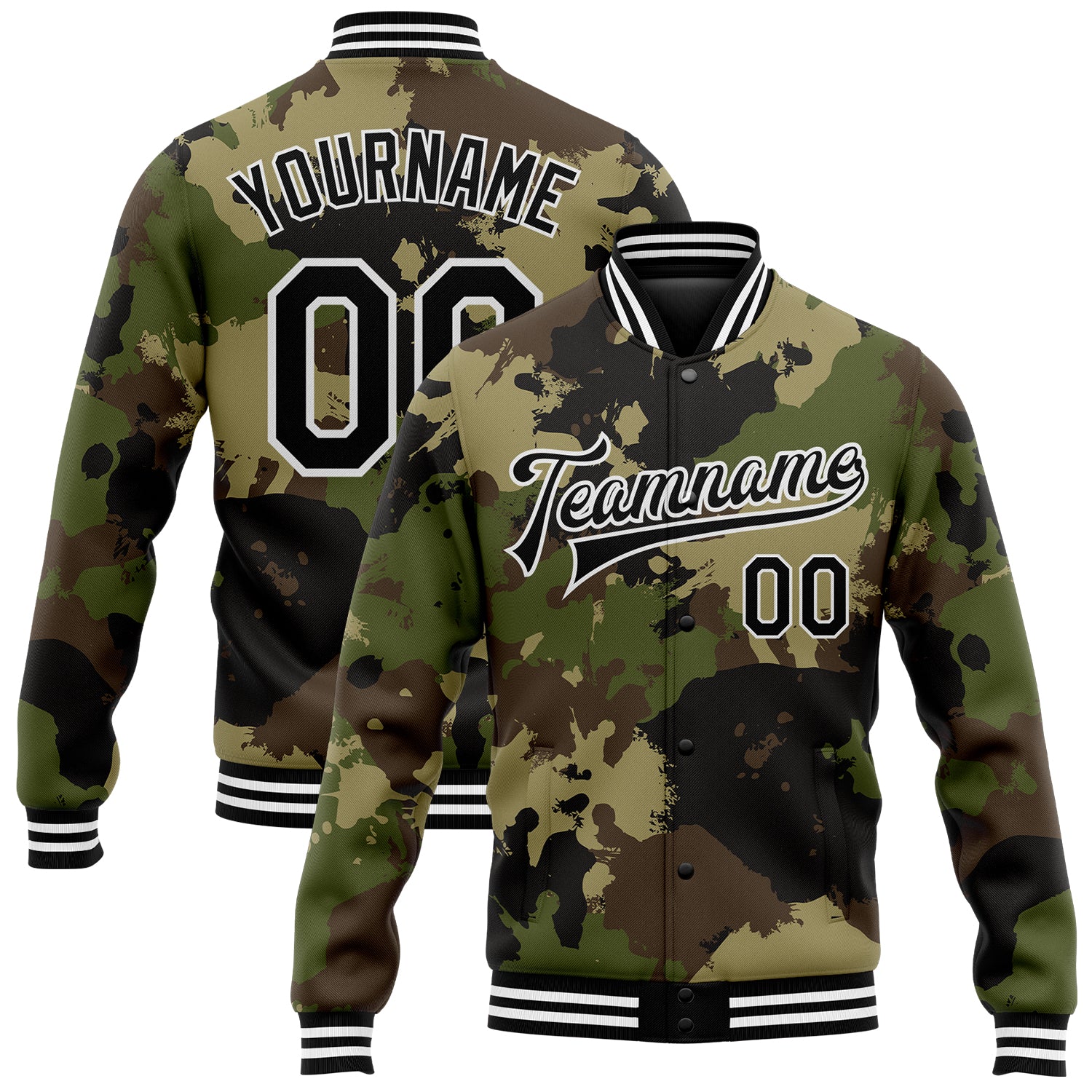 Personalized Black-White Camo 3D Bomber Varsity Jacket Salute to Service Full-Snap Letterman Personalized Camo Black-White