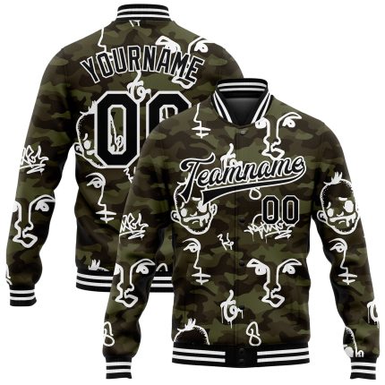 Personalized 3D Black-White Camo Bomber Jacket Full-Snap Varsity Letterman Salute to Service Personalized Camo Black-White
