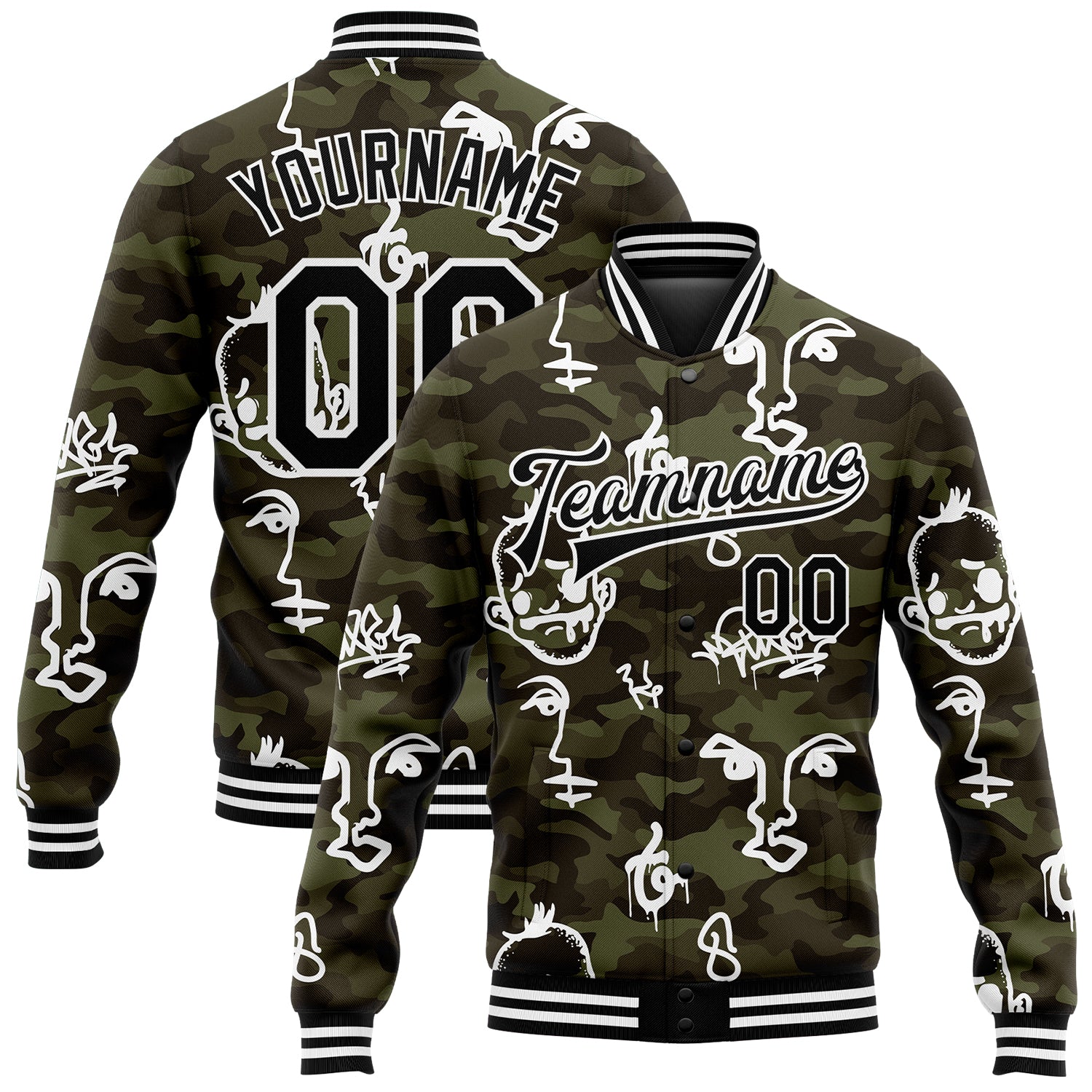 Custom Name & Number Camo Bomber Jacket, Hand-Painted 3D Pattern, Black-White Varsity Letterman Design, Salute to Service