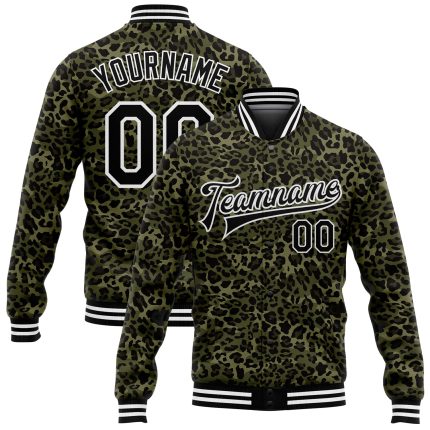 Personalized Camo Black White Leopard Print 3D Varsity Jacket Salute To Service Bomber Full Snap Letterman Personalized Camo