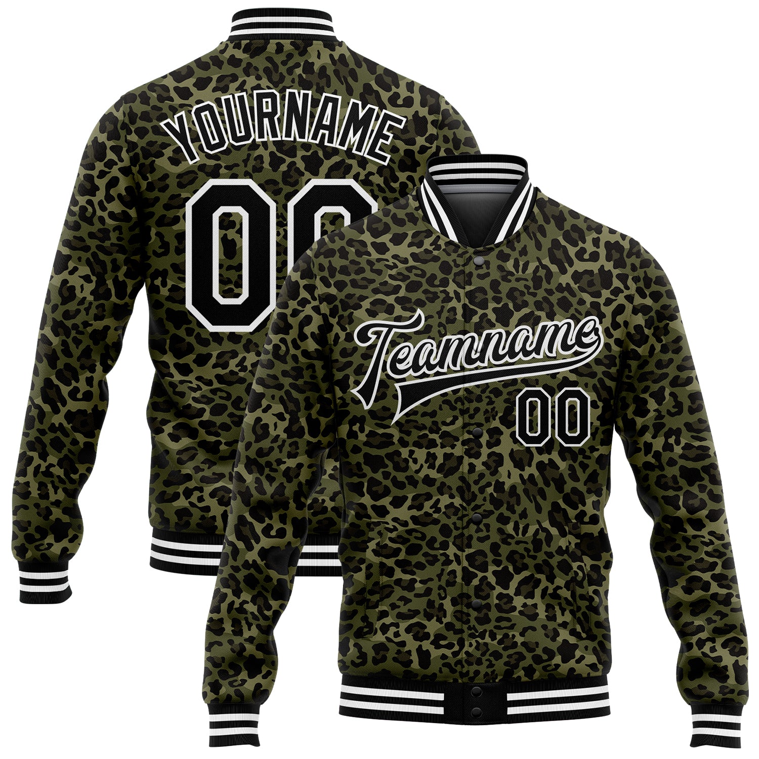 Personalized Camo Black White Leopard Print 3D Varsity Jacket Salute To Service Bomber Full Snap Letterman Personalized Camo