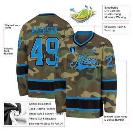 Custom Camo Hockey Jersey with Personalized Name & Number - Blue-Black Salute to Service Team Jersey Personalized Camo Blue-Black