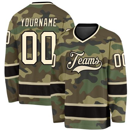 Custom Camo Hockey Jersey with Name and Number - Cream-Black Salute to Service Personalized Camo Cream-Black Salute To Service