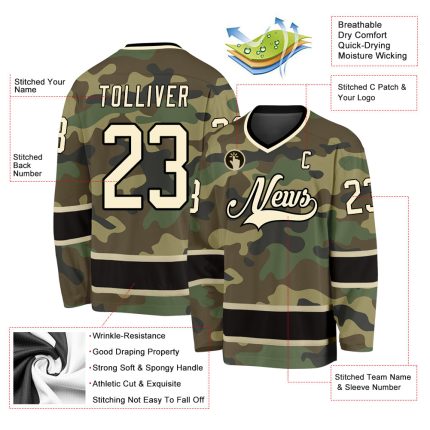 Custom Camo Hockey Jersey with Name and Number - Cream-Black Salute to Service Personalized Camo Cream-Black Salute To Service