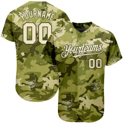 Custom Camo Baseball Jersey with 3D Skull Design, Olive Cream Color, Personalized Name and Number - Fashion Authentic Team Gear