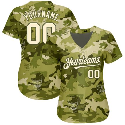 Custom Camo Baseball Jersey with 3D Skull Design, Olive Cream Color, Personalized Name and Number - Fashion Authentic Team Gear