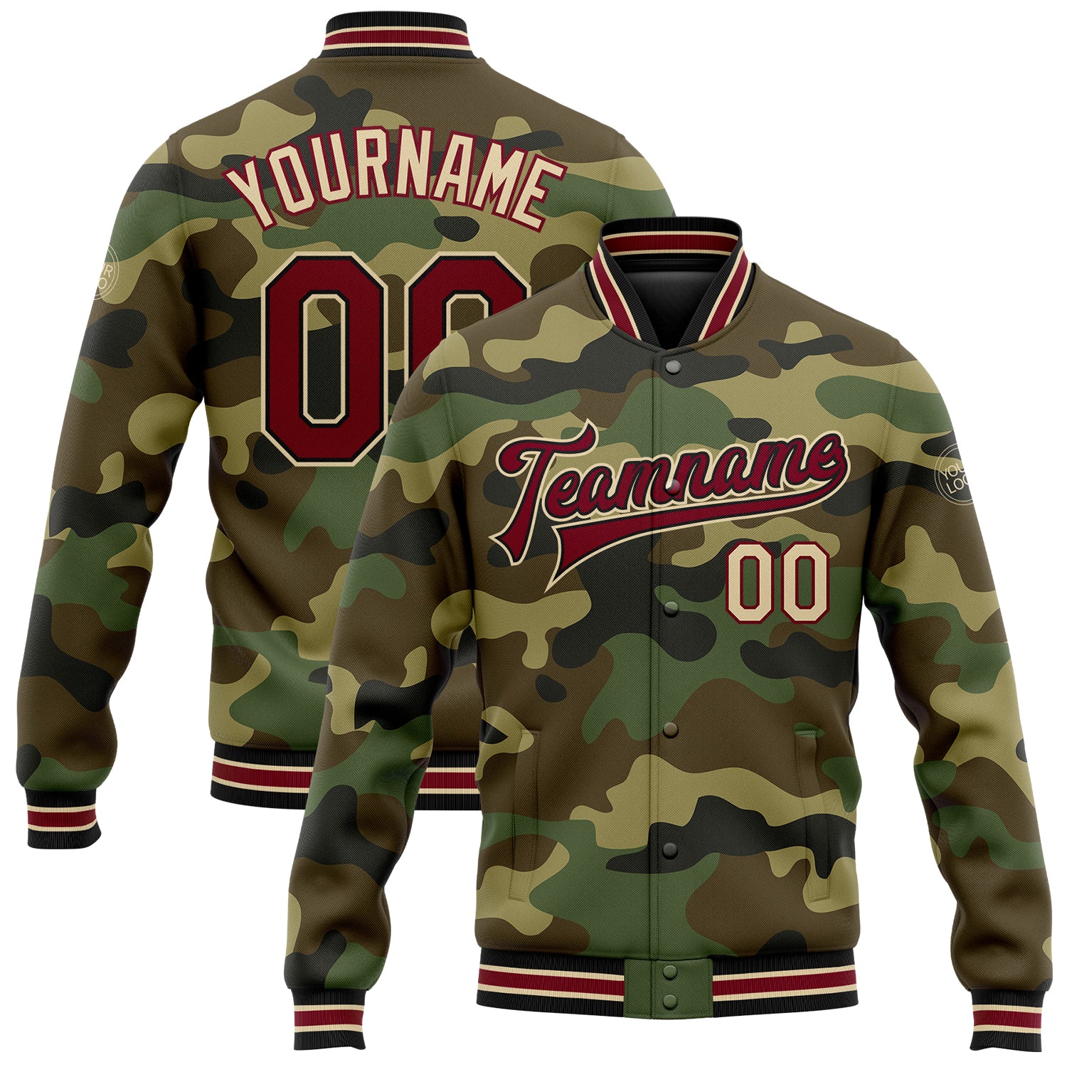 Custom Camo Crimson Black Varsity Jacket with Personal Name & Number - Salute to Service Full-Snap Bomber Personalized Camo
