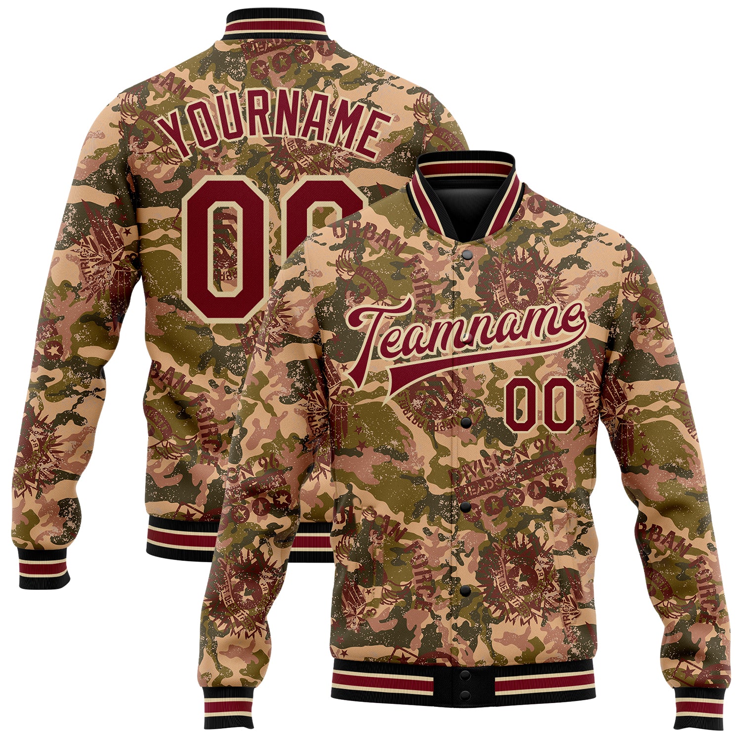 Personalized Camo Crimson City Military Badge 3D Bomber Varsity Letterman Salute To Service Jacket Full-Snap Personalized