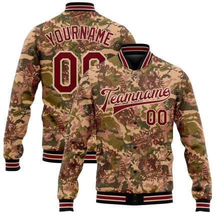 Custom Name and Number Camo Crimson City Bomber Varsity Jacket - 3D Pattern Military Badge Full-Snap Design Salute to Service