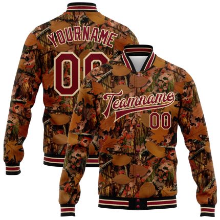 Personalized 3D Camouflage Jacket for Men - Crimson City Cream-Black Varsity Bomber Full-Snap Letterman Salute to Service