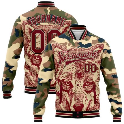 Personalized Camo Crimson City 3D Bomber Jacket for Men, Full-Snap Varsity Letterman Salute to Service Cream-Black Wolf Personalized