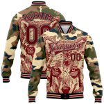 Custom Name Number Jacket - Personalized Salute To Service Bomber Varsity Letterman in Camo Crimson Black Wolf 3D Pattern Design