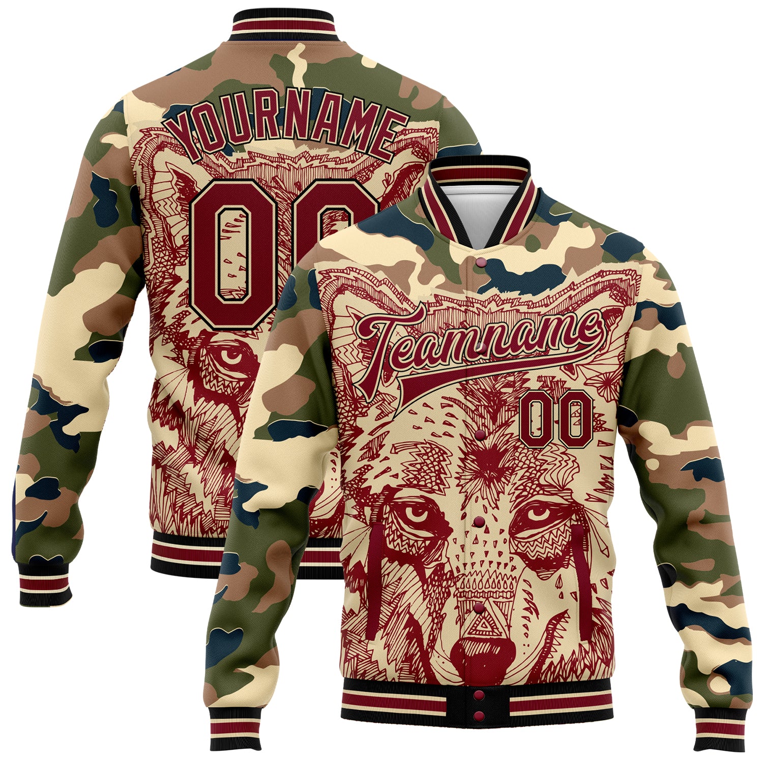 Custom Name Number Jacket - Personalized Salute To Service Bomber Varsity Letterman in Camo Crimson Black Wolf 3D Pattern Design