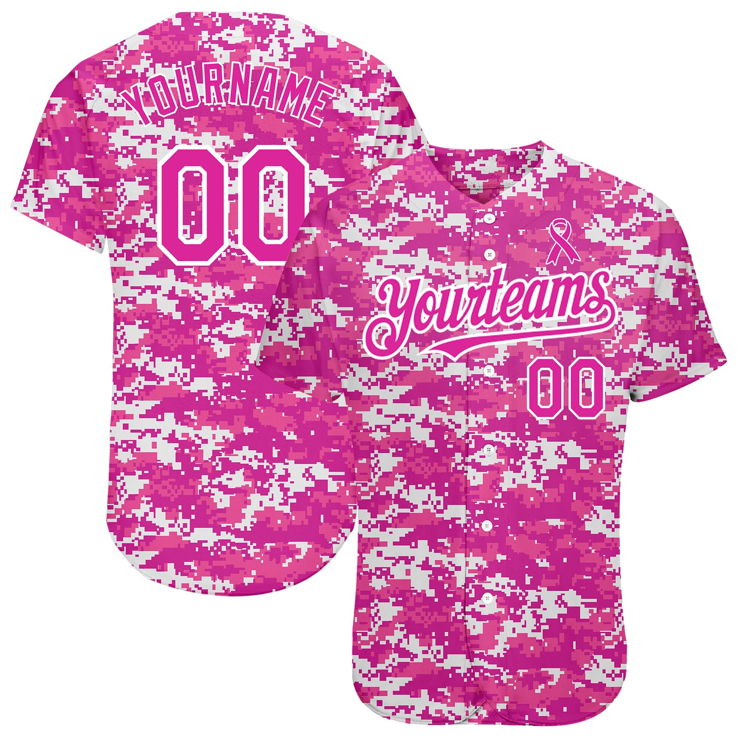 Personalized Breast Cancer Awareness Baseball Jersey for Women - Camo Deep Pink-Black with Custom Name and Number Personalized