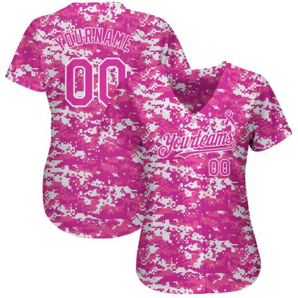 Personalized Breast Cancer Awareness Baseball Jersey for Women - Camo Deep Pink-Black with Custom Name and Number Personalized