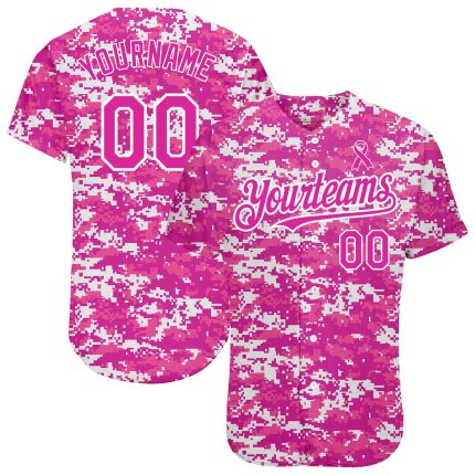 Personalized Breast Cancer Awareness Baseball Jersey - Deep Pink/Black Camo, 3D Pink Ribbon, Womens Health Care Support Personalized